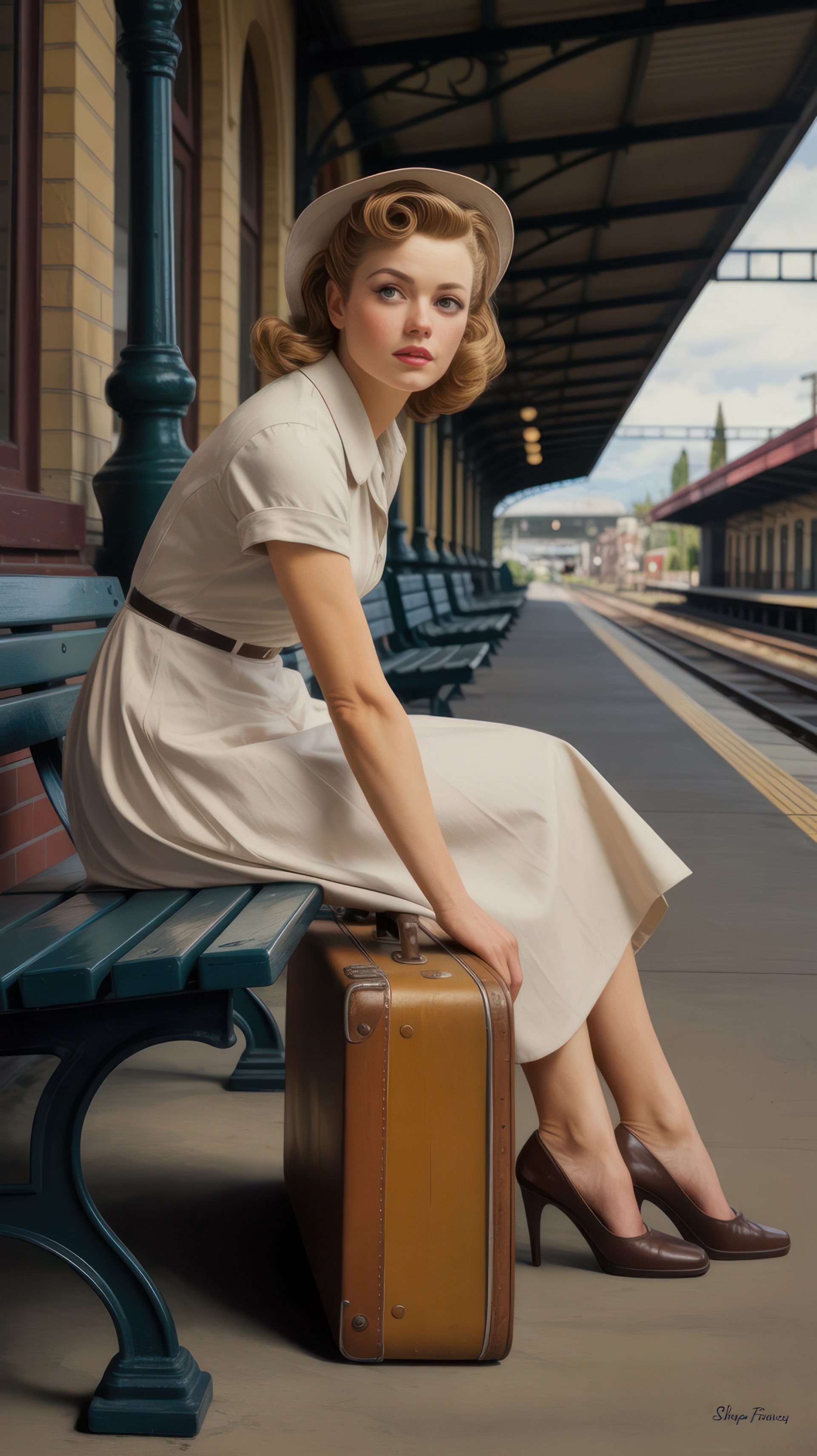 1950s-pin-up-girl-sitting-on-railway-station