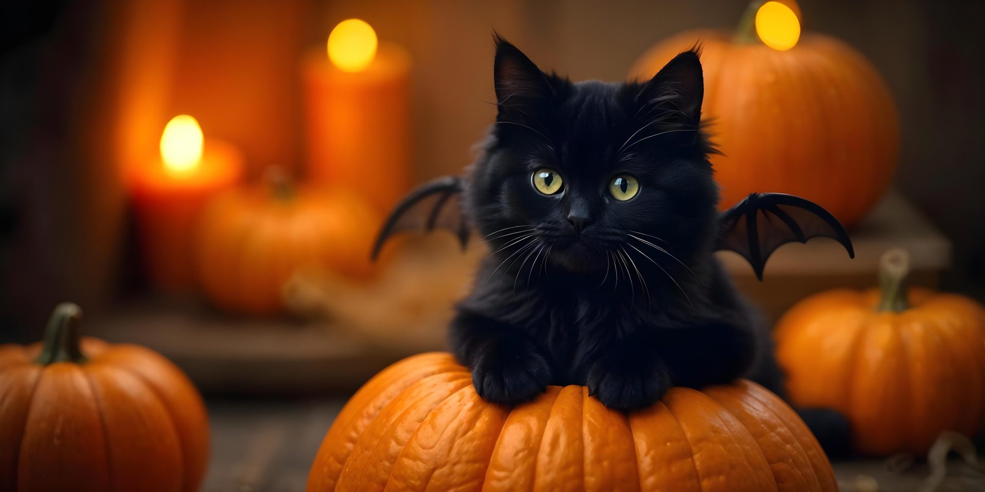 a-fluffy-black-cat-with-bright-green-eyes-sitting-on-a-pumpkin-halloween