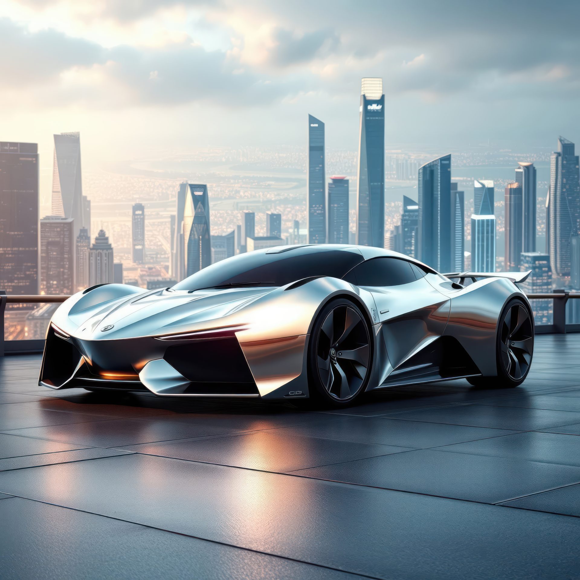stainless-steel-supercar-and-skyscrapers-behind