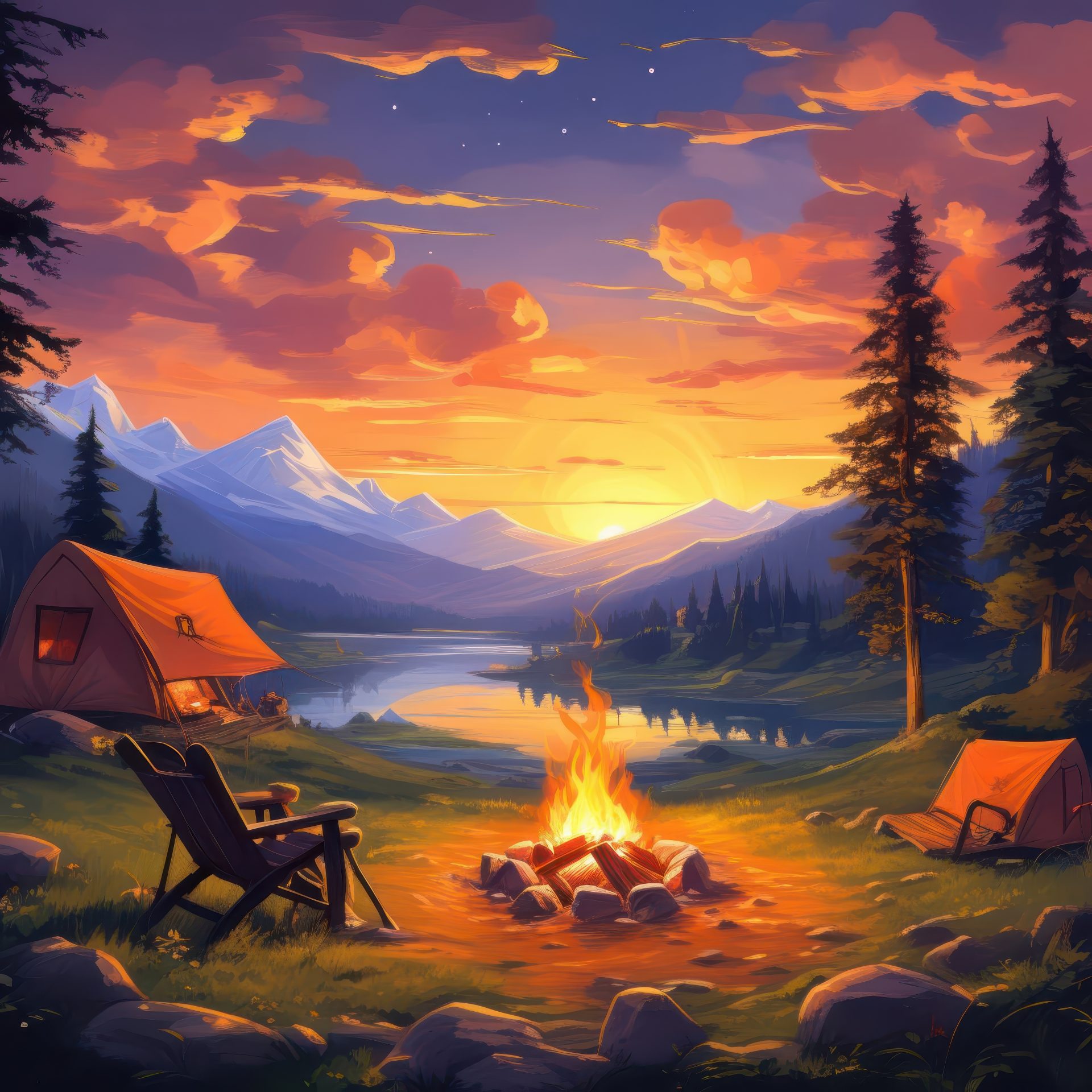 camping-fireplace-tents-mountains-and-lake
