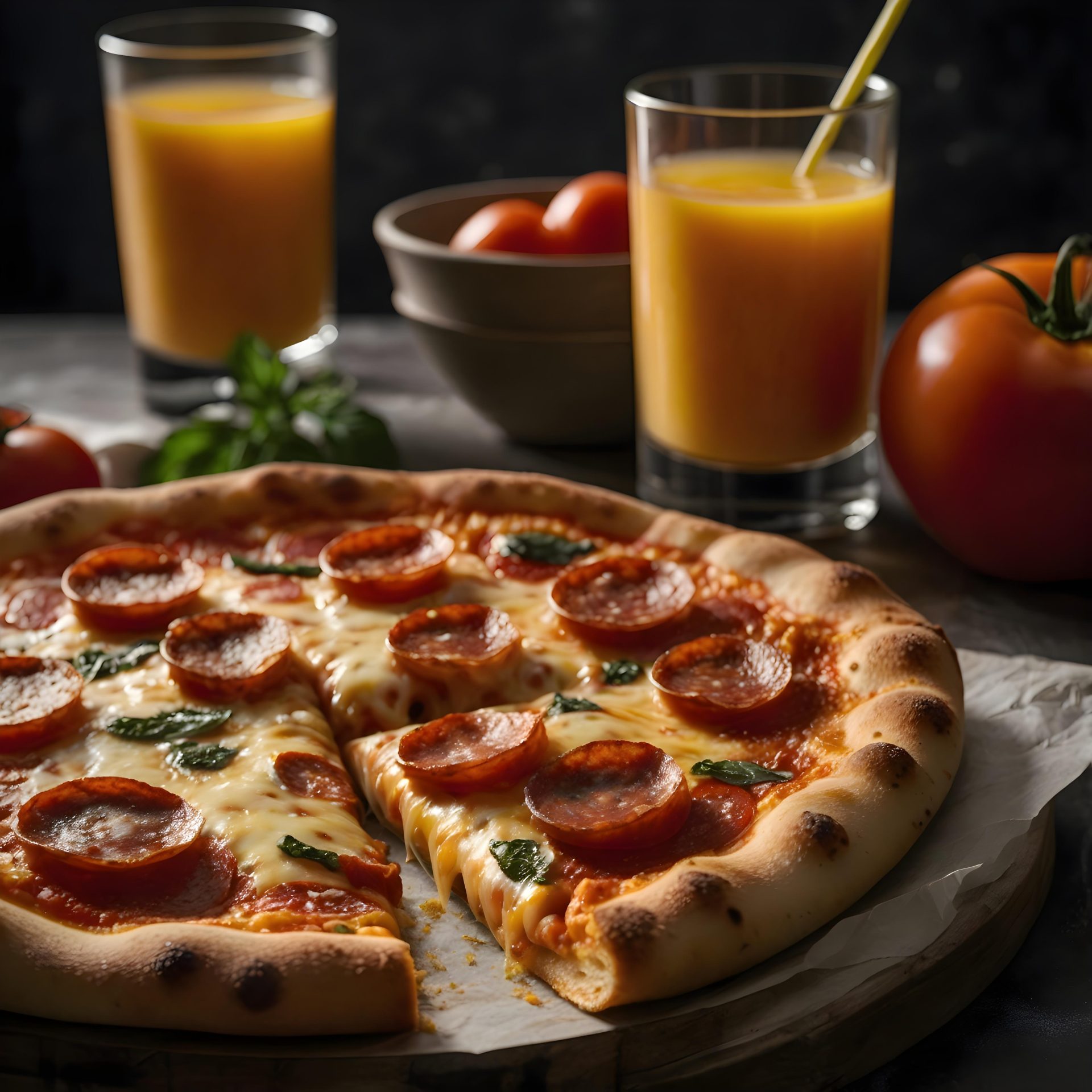 tasty-pepperoni-pizza-food-with-orange-juice-and-tomatos