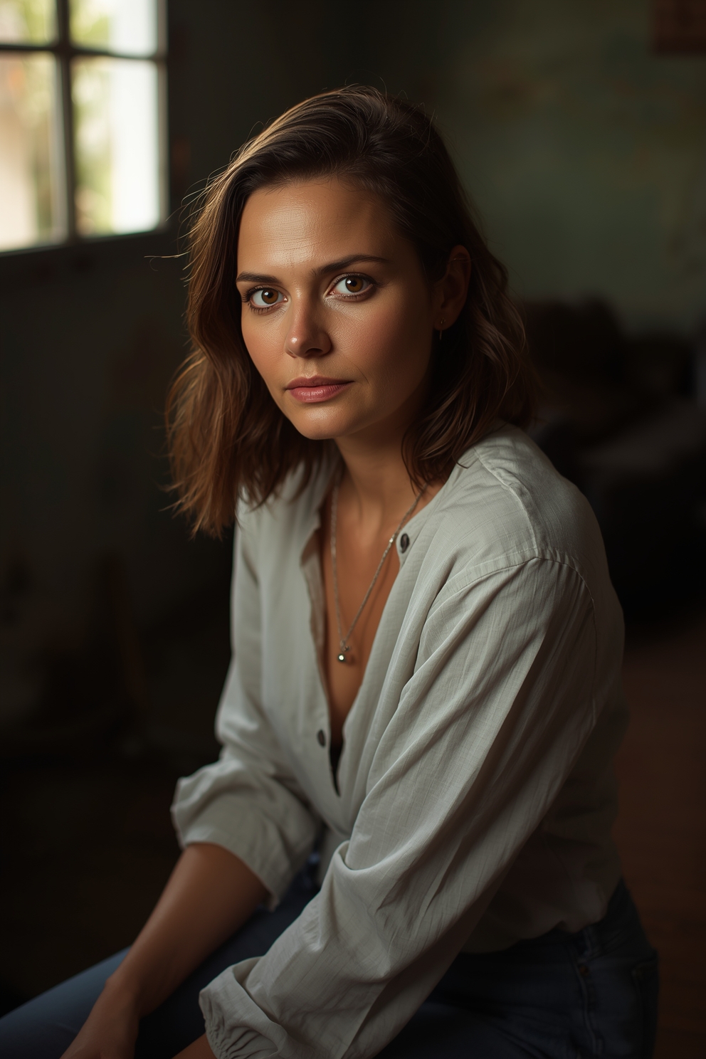 serious-brunette-woman-in-white-shirt-portrait