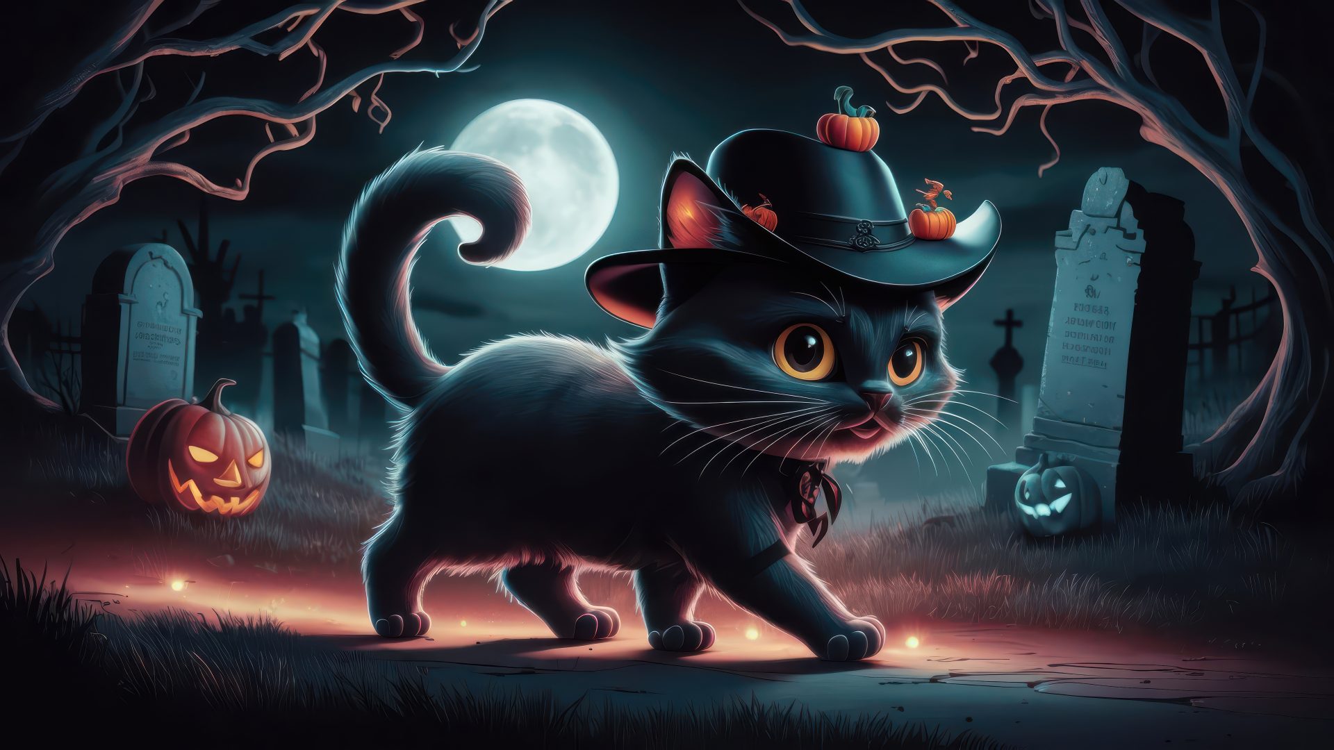 halloween-cat-in-a-hat-walking-in-cemetery
