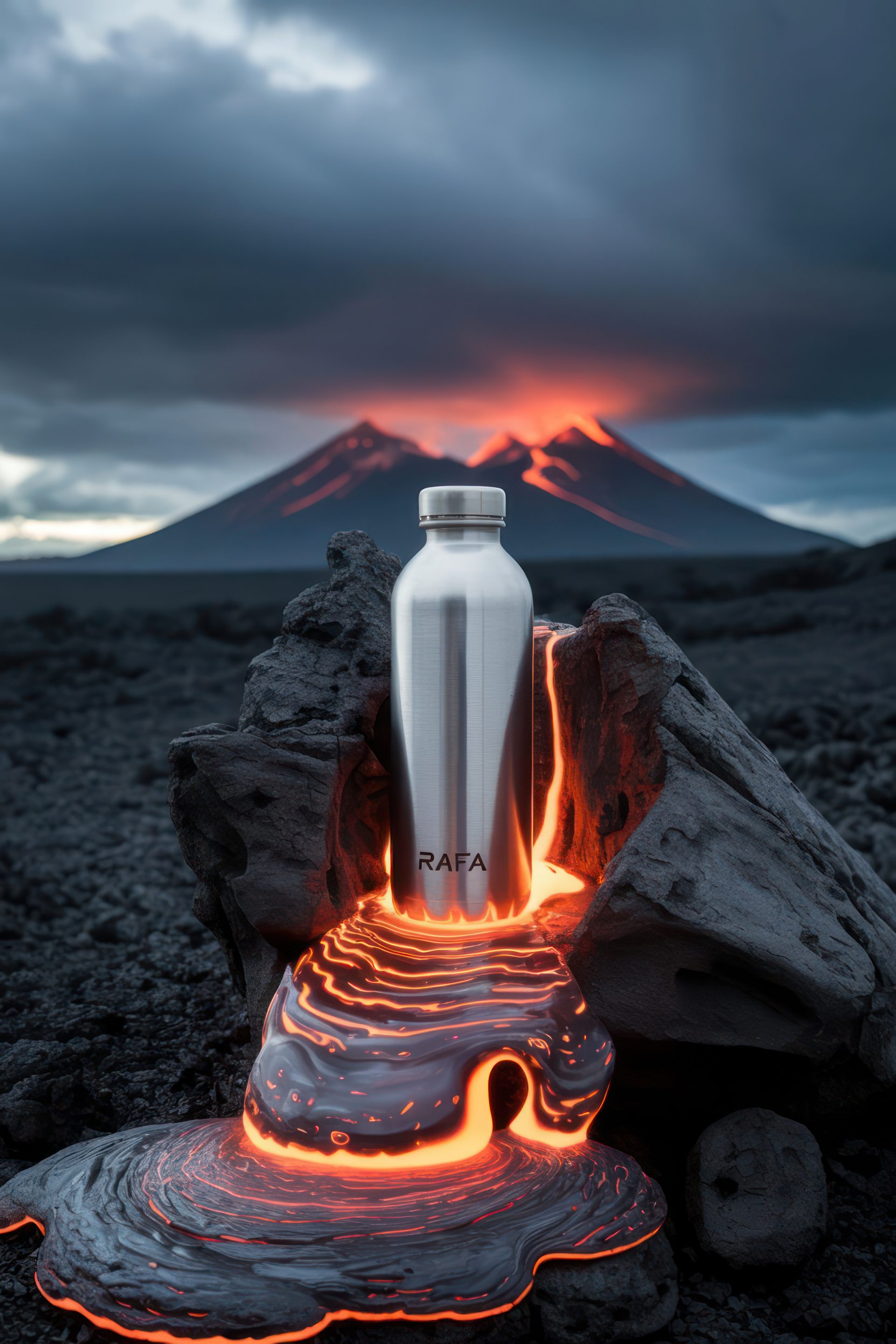 stainless-steel-bottle-in-lava-near-volcano
