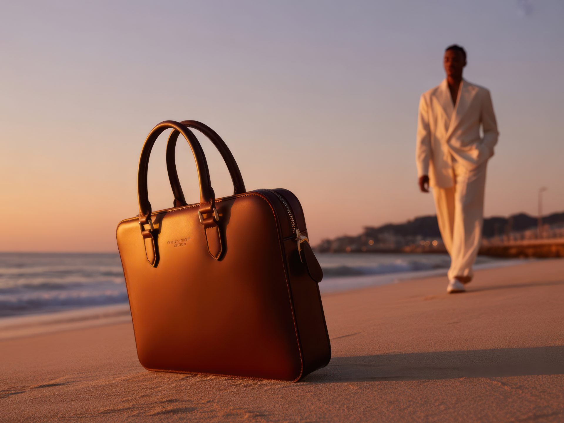 an-elegant-black-man-on-the-beach-and-a-fashionable-handbag