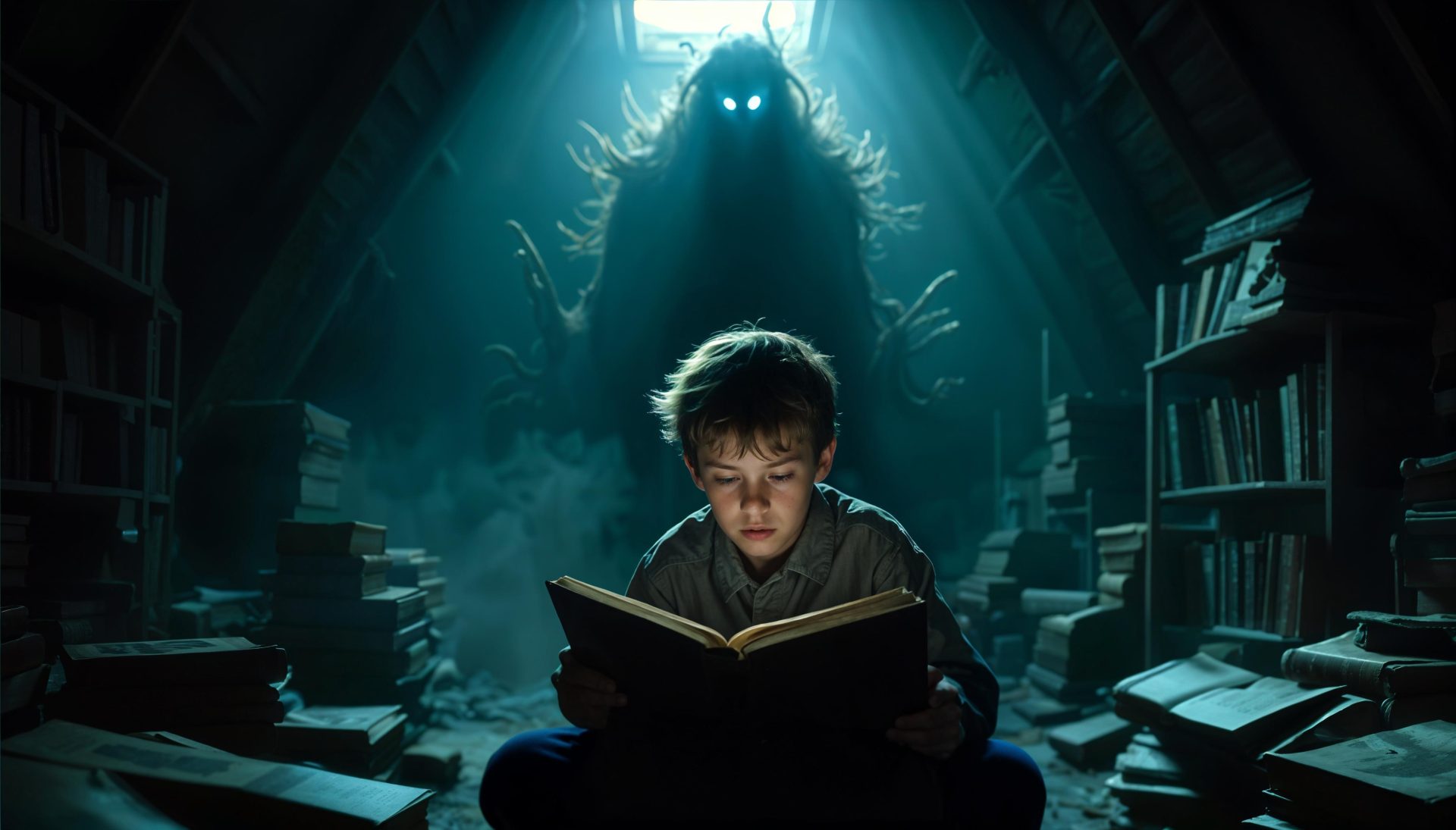boy-reading-a-book-on-attik-ghost-monster-nightmare-behind