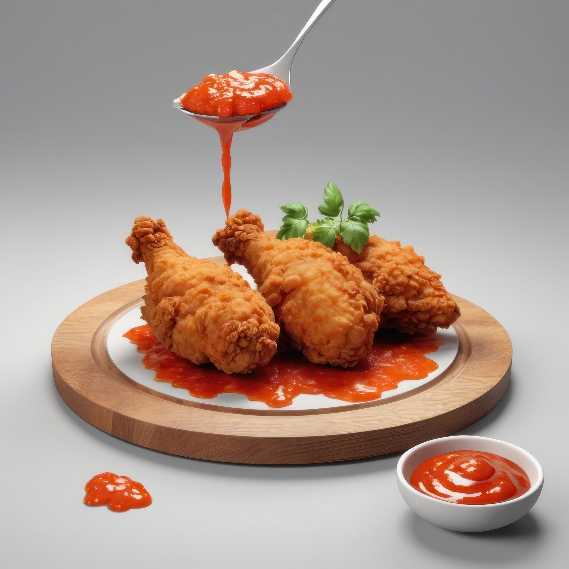 crispy-fried-chicken-on-a-wooden-plate-with-tomato-sauce-and-basil