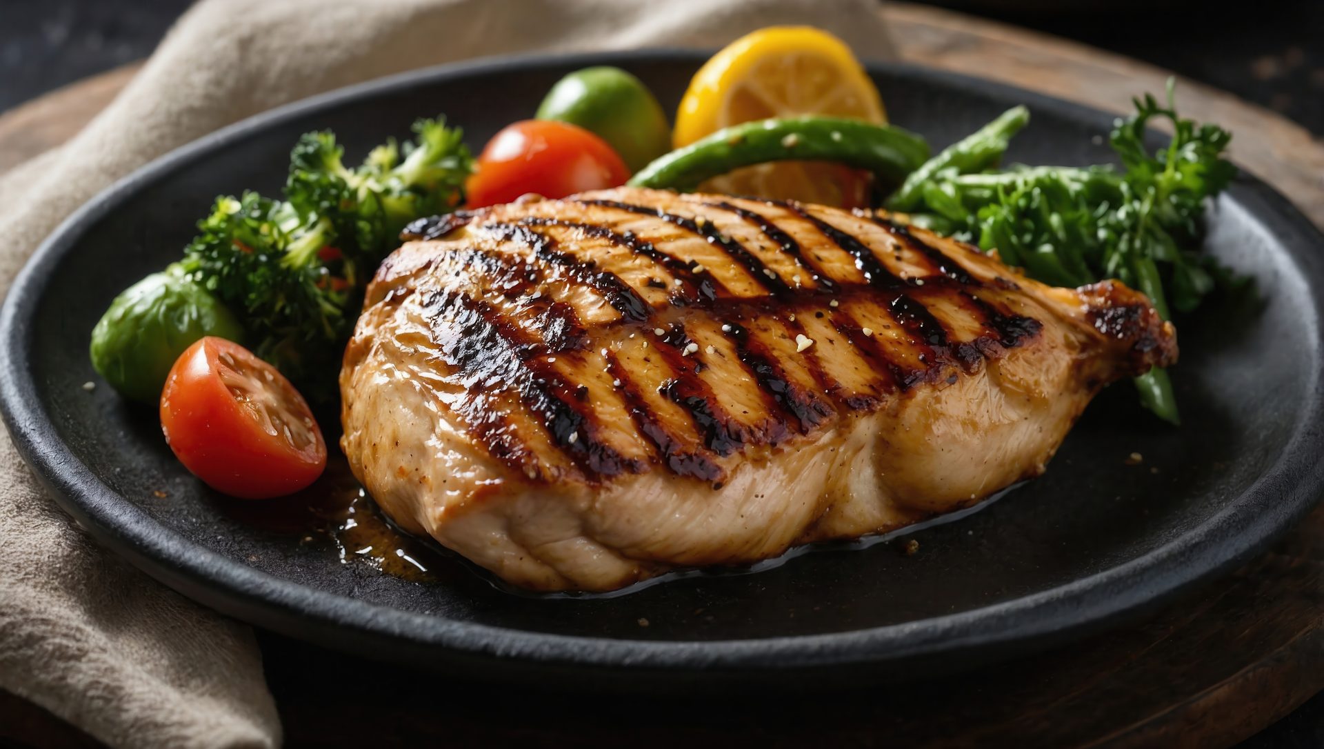 a-tasty-grilled-chicken-breast-on-a-dish-with-tomato-lemon-and-broccoli