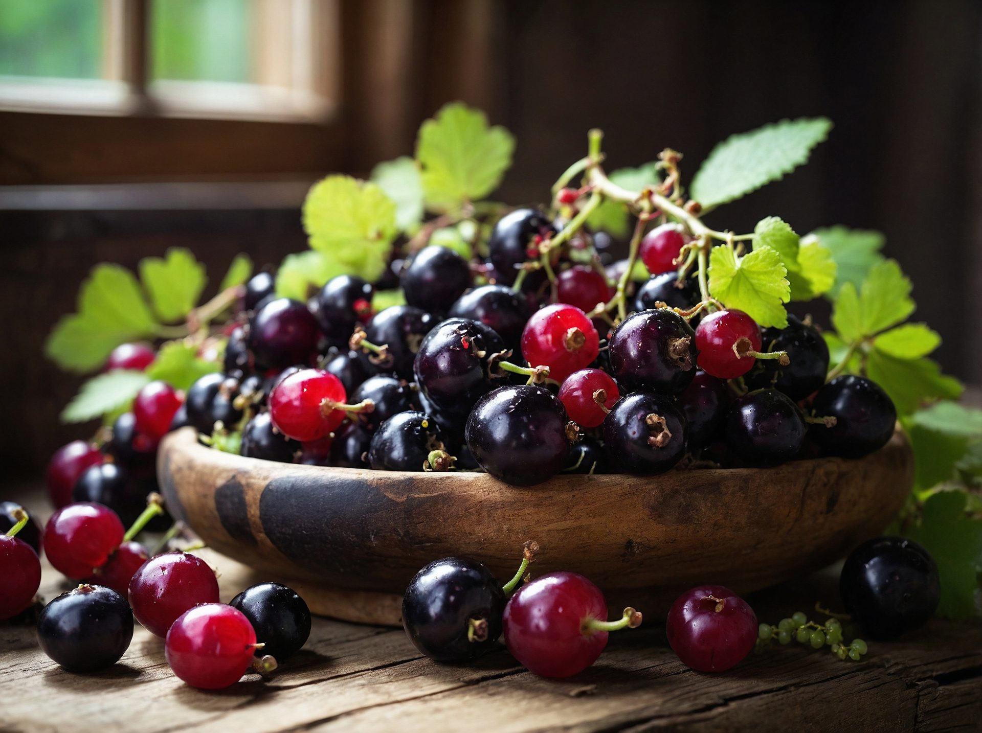 fresh-blackcurrants-in-a-bowl-on-a-rustic-wooden-table-stock-photo