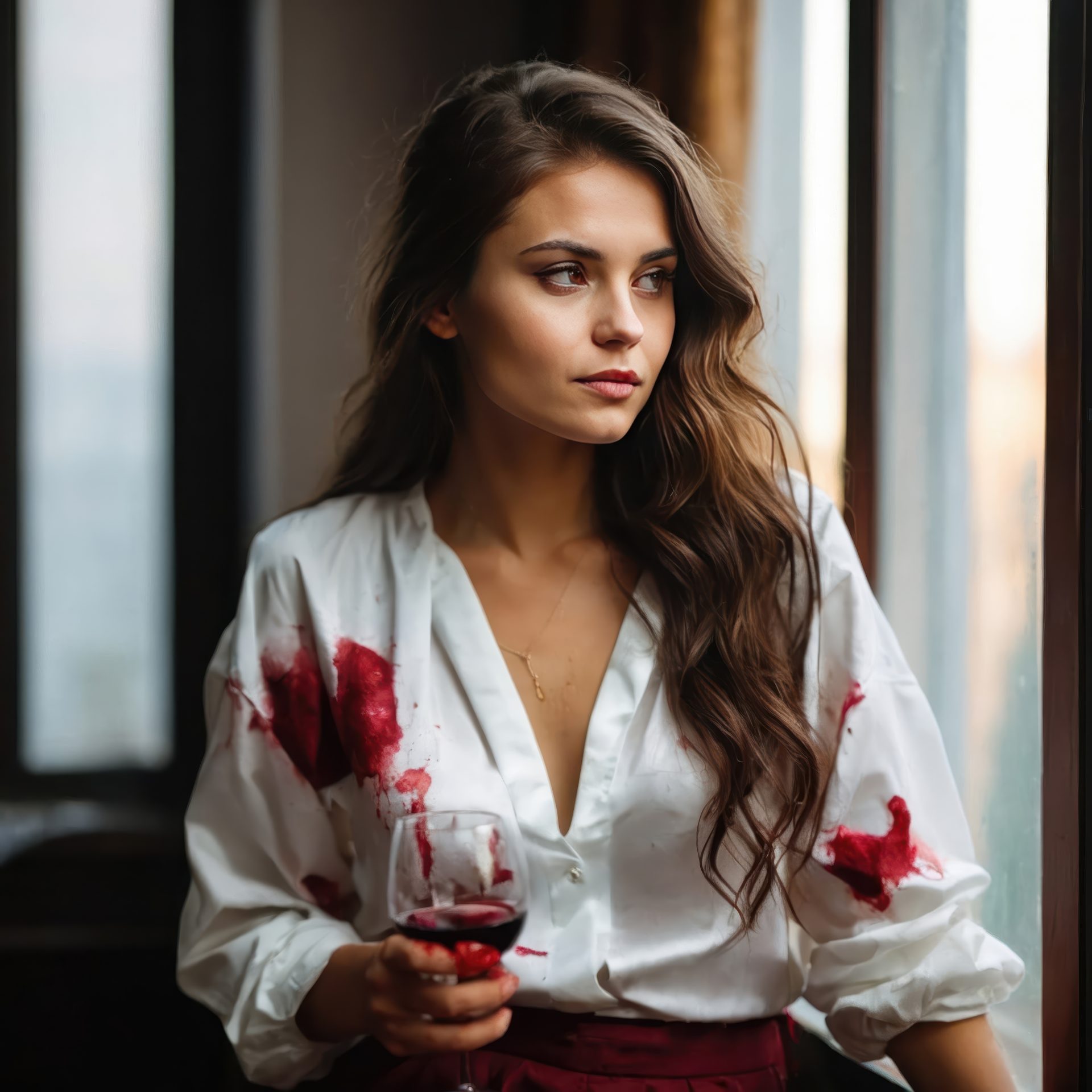 beautiful-brunette-in-white-dirty-shirt-with-red-wine