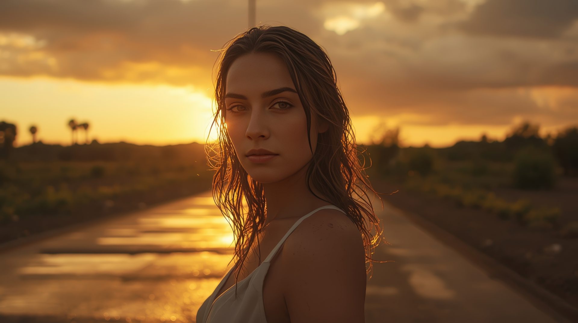 a-beautiful-woman-standing-rainy-weather-hair-slightly-wet-and-glowing-in-sunset-light