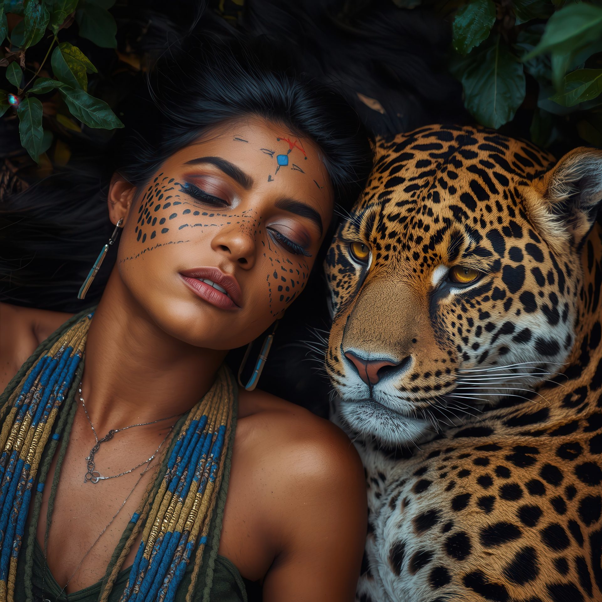 an-african-indian-woman-girl-portrait-with-jaguar-in-forest