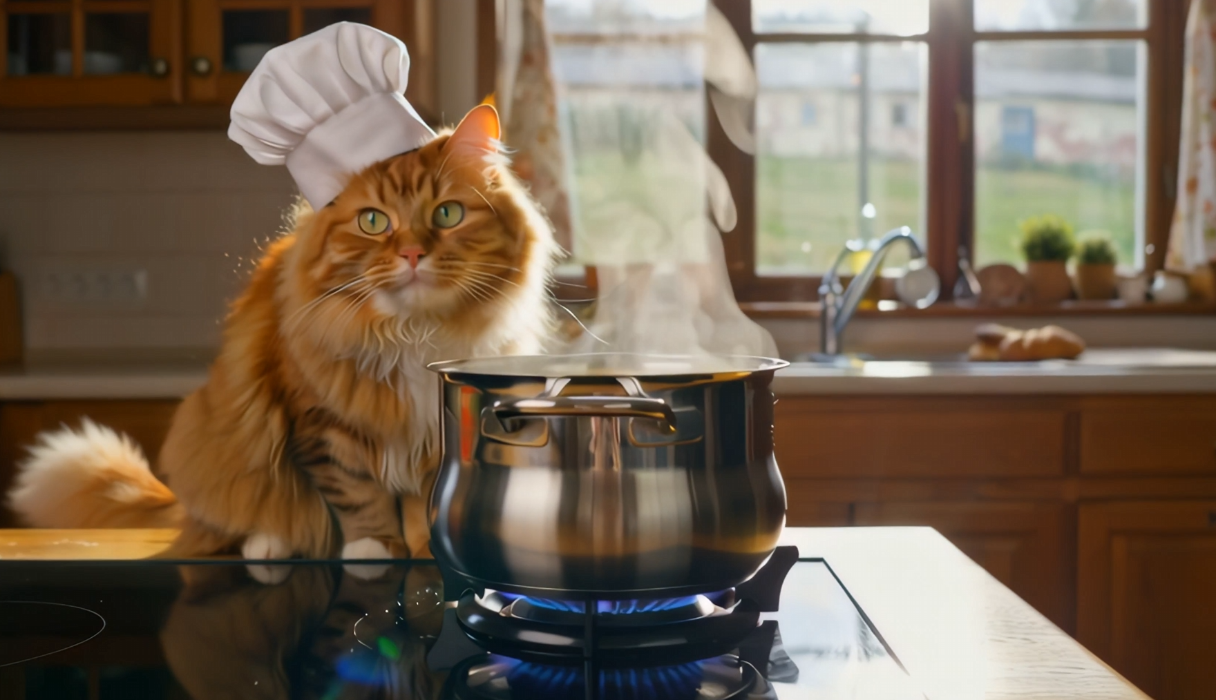 a-fluffy-orange-cat-with-green-eyes-sitting-on-a-cozy-kitchen-stove-and-ready-to-cook