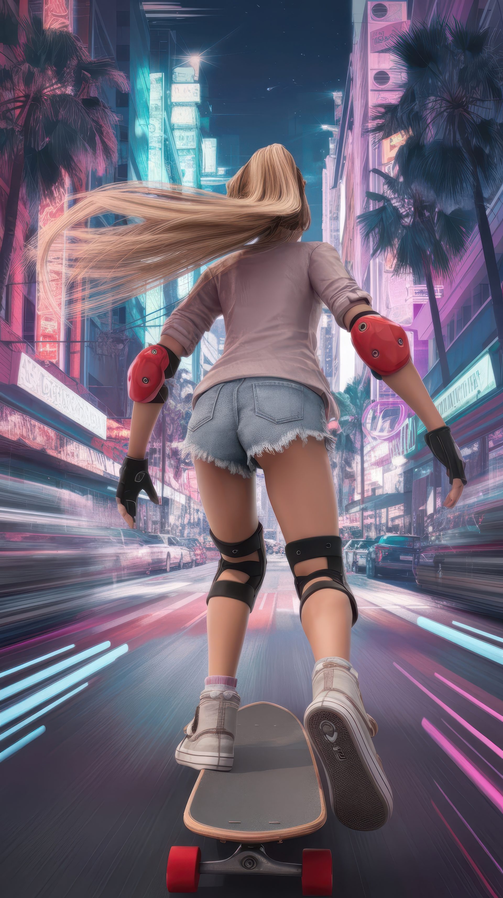 a-girl-woman-female-blond-riding-skateboard-in-the-night-city