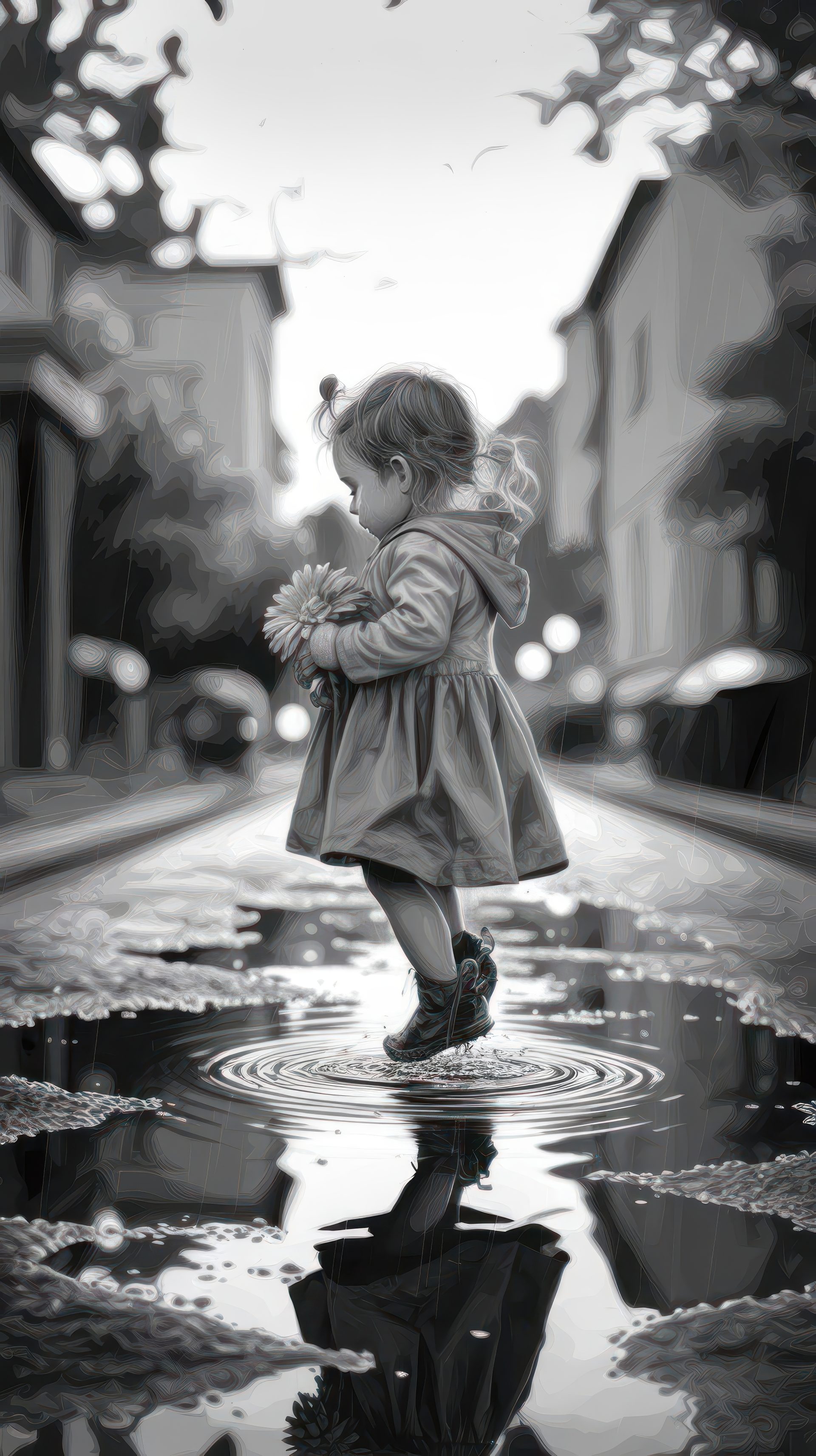 a-little-girl-jumping-above-puddle-black-and-white-photography