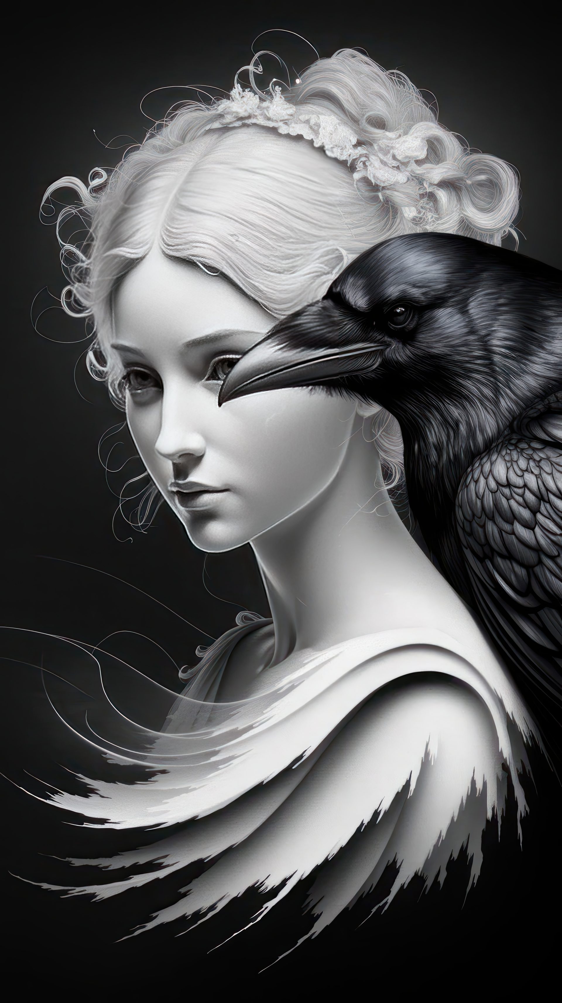a-black-and-white-crow-raven-with-woman-girl-portrait