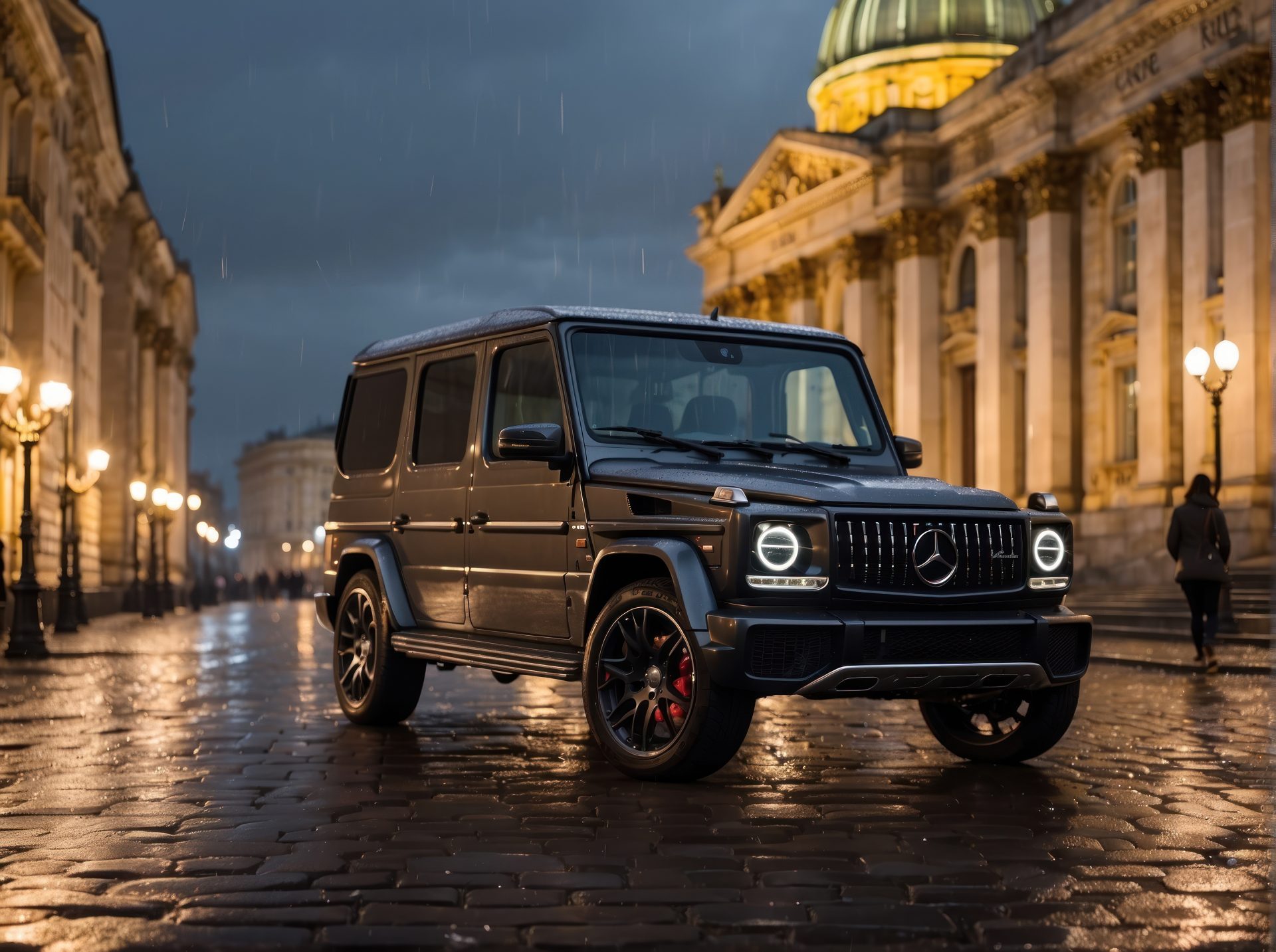 gelandewagen-mercedes-car-in-rainy-berlin-city-at-night