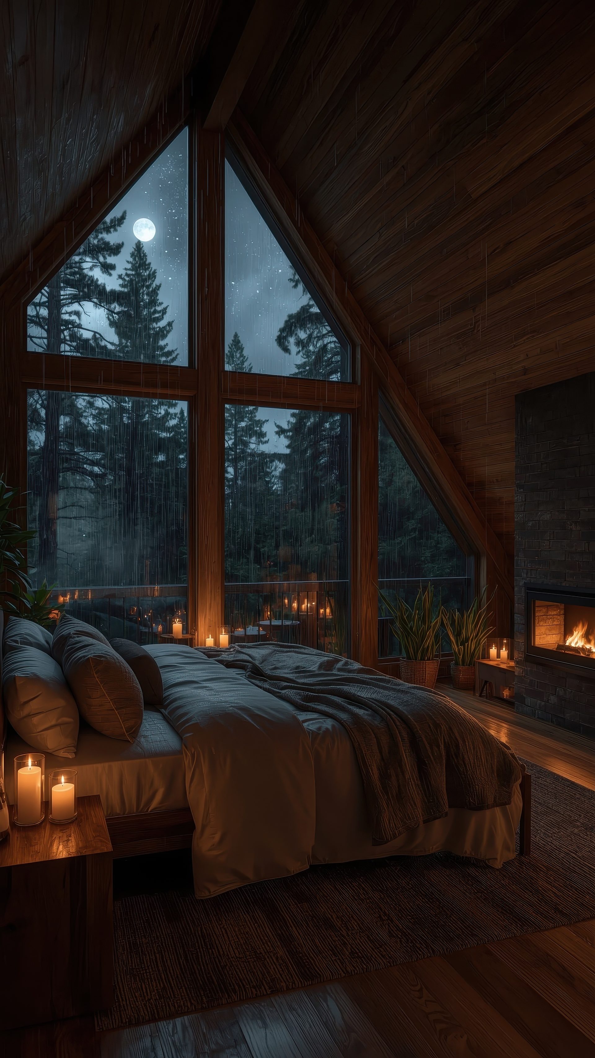 an-attic-bedroom-wooden-ceiling-and-large-windows-looking-out-into-forest-at-night-heavy-rain-falls-outside